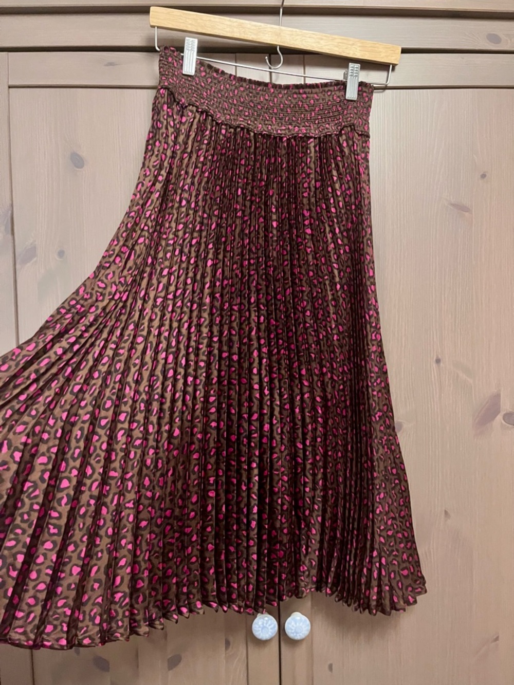 BR | Pleated Brown Pink Animal Print Midi Skirt